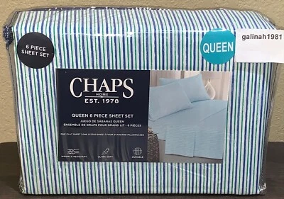 Juego de sábanas CHAPS by Ralph Lauren 6p Queen con 4 fundas de almohada blanco/azul/verde a rayas Foto 1 de 4