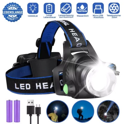 100000LM LED Headlamp Super Bright Headlamp 3 Modes Rechargeable + 2 Batteries - Image 1 of 4