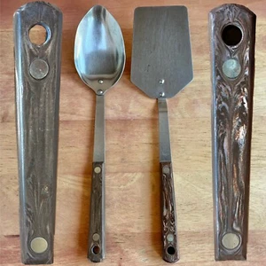 Set of 2: LUXOR STAINLESS USA Serving Spoon & Spatula 11.75” Tan Brown Faux Wood - Picture 1 of 12