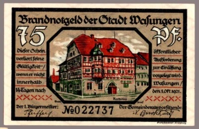 #33762 WASUNGEN Germany 1921. Banknote notgeld 75 Pfennig. - Image 1 of 2