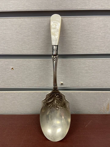 Vintage Sterling Silver Acorn Serving Spoon Mother of Pearl Handle 9" long 82.1g Cover