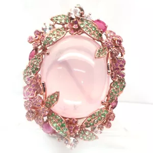 Gmestone Rosa Cuarzo Rosa, Zafiro, Rubí & Tsavorite Broche 925 Plata de Ley - Imagen 1 de 5