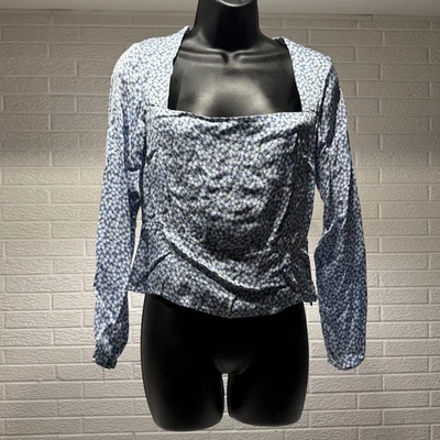 HM Blue Floral Long Sleeve Square Neck Cinched Blouse Top - Image 1 of 3