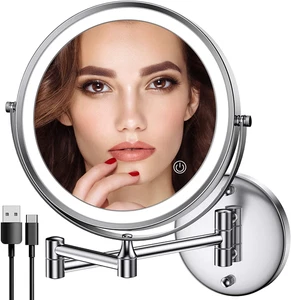 Rechargeable Wall Mounted Lighted Makeup Mirror Chrome, 8 Inch Double-Sided LED - Picture 1 of 12