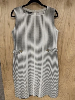 Misook Black White Beige Striped Gold Button Detail Sleeveless Sheath Dress M - Image 1 of 4