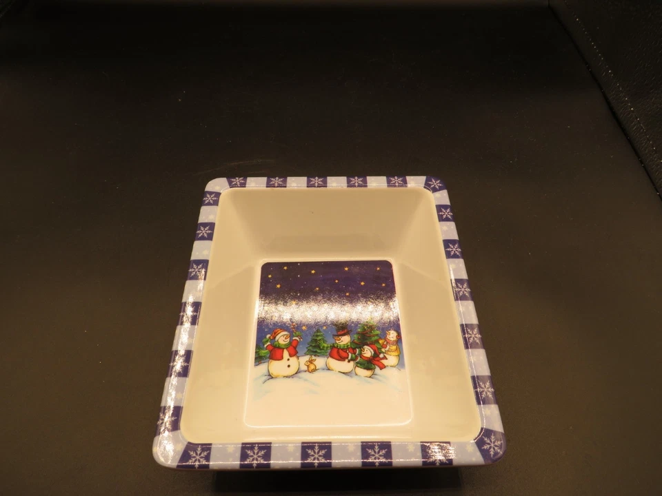 St Nickolas Square Melamine Snowman And Snowflake Scene Candy Nut Dish - Image 1 of 4