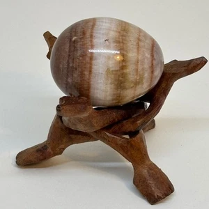 Vintage Polished Semiprecious Stone Egg on Hand-Carved Wooden Stand - Picture 1 of 6