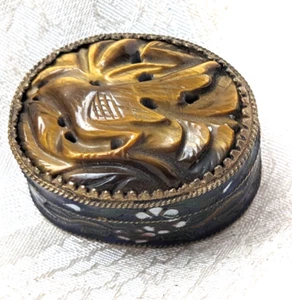 Vintage Chinese Cloissone Carved Tigers Eye Trinket Pill Box - Picture 1 of 8