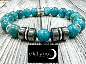 HIP 8"L Stainless Steel 10mm Blue Apatite+Hematite Gemstone Beaded Men Bracelet - Picture 1 of 8