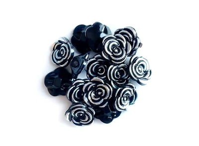 15 Black & Silver Rose Shaped Buttons, 13mm, Shank Back, Flower Knitting Buttons - Image 1 of 2