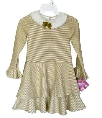NWT Blueberi Boulevard Little Girls Fur Trimmed Lurex-Stripe Dress Size 6 - Image 1 of 4