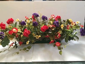Colorful Red Yellow Purple Window Box Silk Flower Arrangement 18 - 24 in Garden - Picture 1 of 1