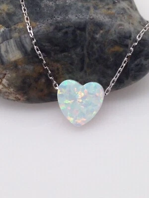 Collar colgante de plata de ley 925 pequeño corazón de ópalo blanco 8,8 mm 16-18" Foto 1 de 4