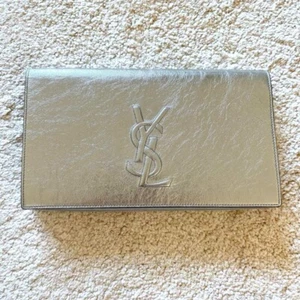 YSL Yves Saint Laurent Logo Clutch Bag Pouch Purse Silver 361120 - Picture 1 of 6