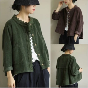 Damen Cord Mantel Hemd Jacke Bluse Top Spitze Knopf Locker Freizeit Retro - Bild 1 von 14