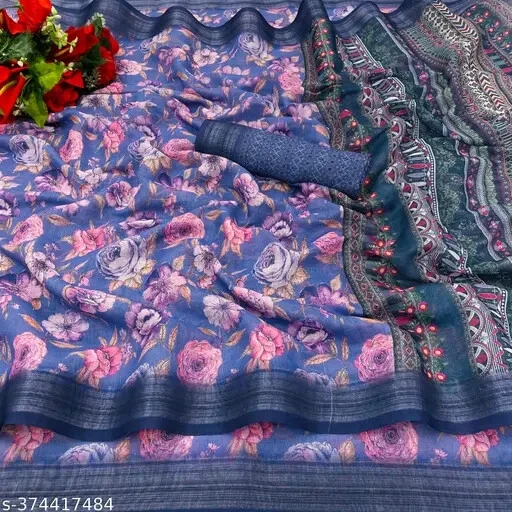 Sari de lino de algodón para mujer con pieza de blusa para correr Foto 1 de 1