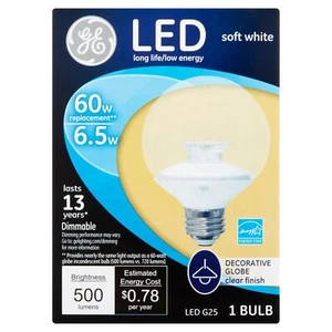 GE LED G25 Decorative Bulb with Medium Base, 6.5-Watt, Clear, Soft White, 1 Bulb - Picture 1 of 6