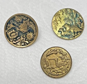 3 Antique Round Metal Picture Buttons Butterfly / Bird w Flowers More Birds - Picture 1 of 6