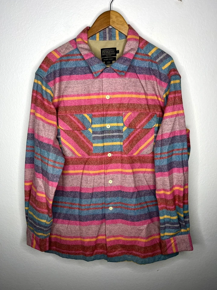 Pendleton X-Large Camisa de Tabla Lana Virgen Rosa Rayas Surf Lazo de Verano Sin Fin Foto 1 de 4