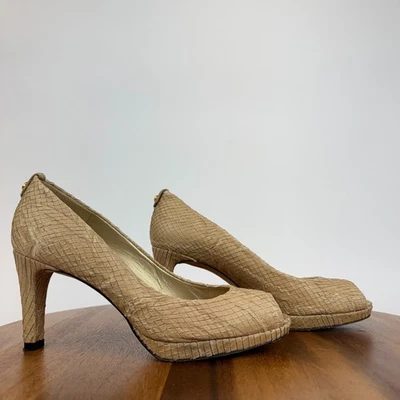 Womens Stuart Weitzman Beige Snakeskin Leather Peep Toe Heels Size 7.5 M GUC - Image 1 of 4