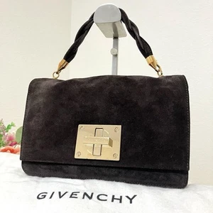 GIVENCHY Bag 4G Logo Hand Suede Purse Brown Gold Leather Authentic Vintage - Picture 1 of 24