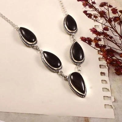 Collar de piedras preciosas de ónix negro plata de ley 925 hecho a mano joyería ajustable S92 Foto 1 de 4