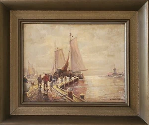 Pintura óleo paisaje puerto Países Bajos personas pescador Hans Richter-Johannsen - Imagen 1 de 16