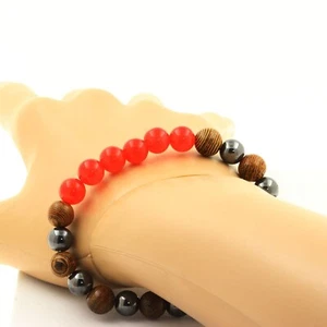 Armband Perlen Chalcedon Rot + Hämatit+ Holz - Bild 1 von 7