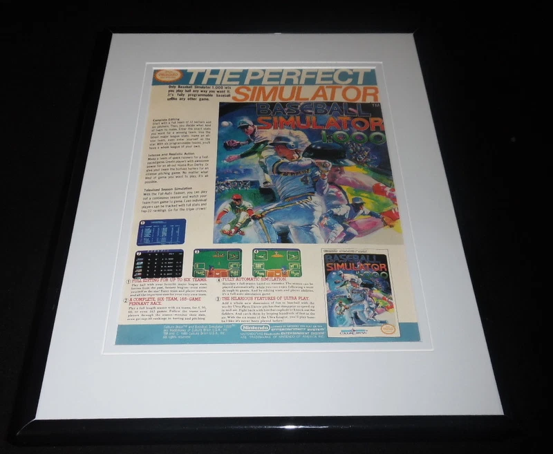 Baseball Simulator 1.000 1990 NES Nintendo 11x14 Framed ORIGINAL Advertisement - Image 1 of 1