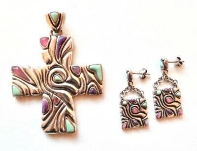 Juego de Pendientes Colgantes Cruz Cruz Turquesa Esterlina y Piedras Preciosas Rosa DE COLECCIÓN EE. UU. Foto 1 de 4