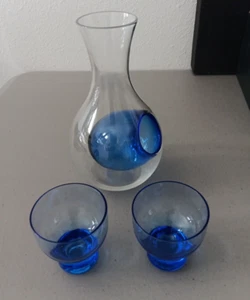 Tokyo Sasaki Glass Cold Sake Set Carafe Colbalt Blue Japanese Boxed Oriental VTG - Picture 1 of 11