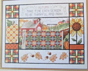 Autumn Quilt - Magazine Cross Stitch Pattern - Sunflower Schoolhouse Leaves - Picture 1 of 1