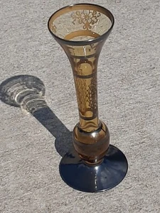Antique Venetian Argento Silver Overlay W Gondola Flower Design Amber Glass Vase - Picture 1 of 14