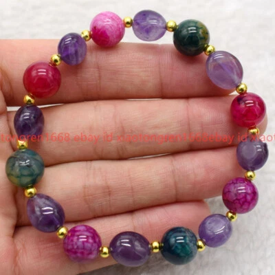 New Pretty Natural 8mm Multicolor Agate Purple Amethyst Gemstone Bracelet 7.5in - Image 1 of 4