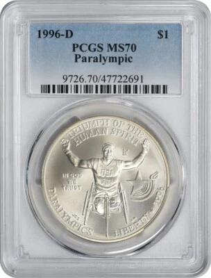 1996-D Wheelchair Paralympic Silver Commemorative Dollar MS70 PCGS Mint State 70 - Image 1 of 2
