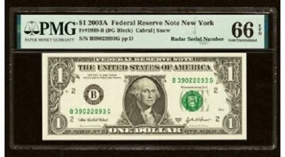 2003A $1 Radar Serial Number Note New York 66 EPQ PMG Gem UNC 717 - Image 1 of 2