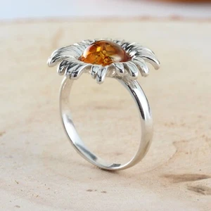 HONEY BALTIC AMBER SUNFLOWER 925 STERLING SILVER RING NEW WITH BOX - Picture 1 of 4