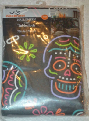 Celebrate Halloween Vinyl Tablecloth Sugar Skulls Flowers 70,60X102,52X70,60X84 - Image 1 of 4