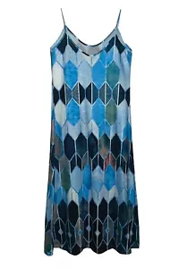 Floral Blooming, Blue Geometric Print Long Dress with Stretch, size XXL - Picture 1 of 4