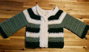 Toddler Unisex Open Front Cardigan 2T Green Cream Stripe Handcrafted New Crochet - Picture 1 of 4