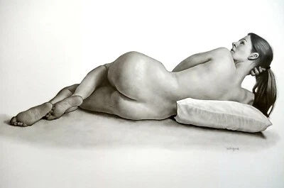 ORIGINAL modern female nude graphite pencil realism portrait drawing fine art a3 - Image 1 of 4