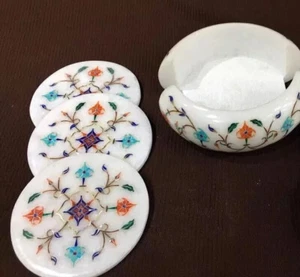 Luxury Marble Coaster Set Semi-Precious Stone Inlay for Office Desk Decor - Picture 1 of 9