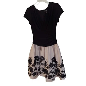 S.L. Fashions Black Tan Floral Embroidered Cap Sleeve A-Line Flare Dress Size 8 - Picture 1 of 12