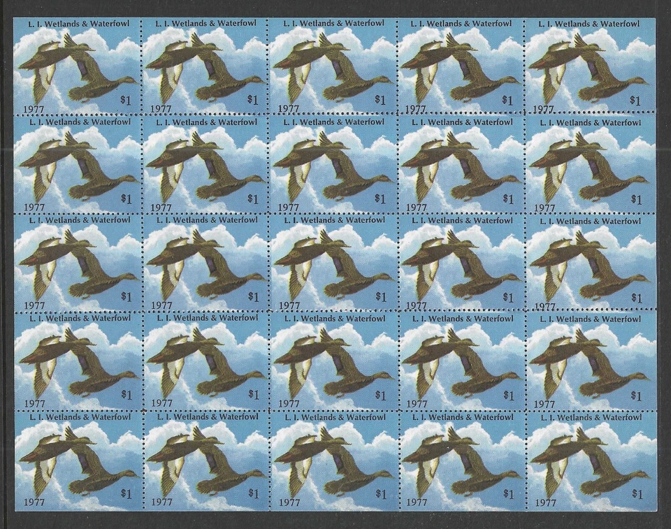 U.S., 1977 L.I. Wetlands and Waterfowl, $1.00 Sheet of 25, Mint, Never Hinged - Image 1 of 1