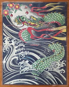 1979 Don Nolan Vintage traditionelles japanisches Drachenfarbe Tattoo Flash Sheet - Bild 1 von 10