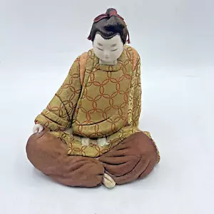 Vintage Japanese Doll Sitting Head Comes Off Wood Like Fabric Body Silk Hair 8" - Picture 1 of 15