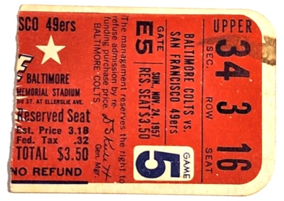 DE COLECCIÓN 1 DE DICIEMBRE 1957 BALTIMORE COLTS VS SAN FRANCISCO 49ERS UNIDADES DE TALÓN DE BOLETO Foto 1 de 2