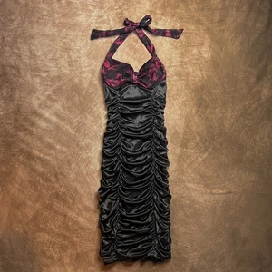 Ruby Rox Vintage Y2K Ruched Bodycon Midi Dress Halter Neck Lace Black Pink Small - Picture 1 of 10