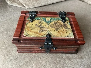 Vintage Massivholz alte Karte Schmuckschatulle - Bild 1 von 16