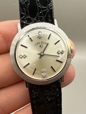 VTG 14k 585 White Gold Diamond Dial Lord Elgin Swiss Mechanical Mens Watch RUNS - Image 1 of 4